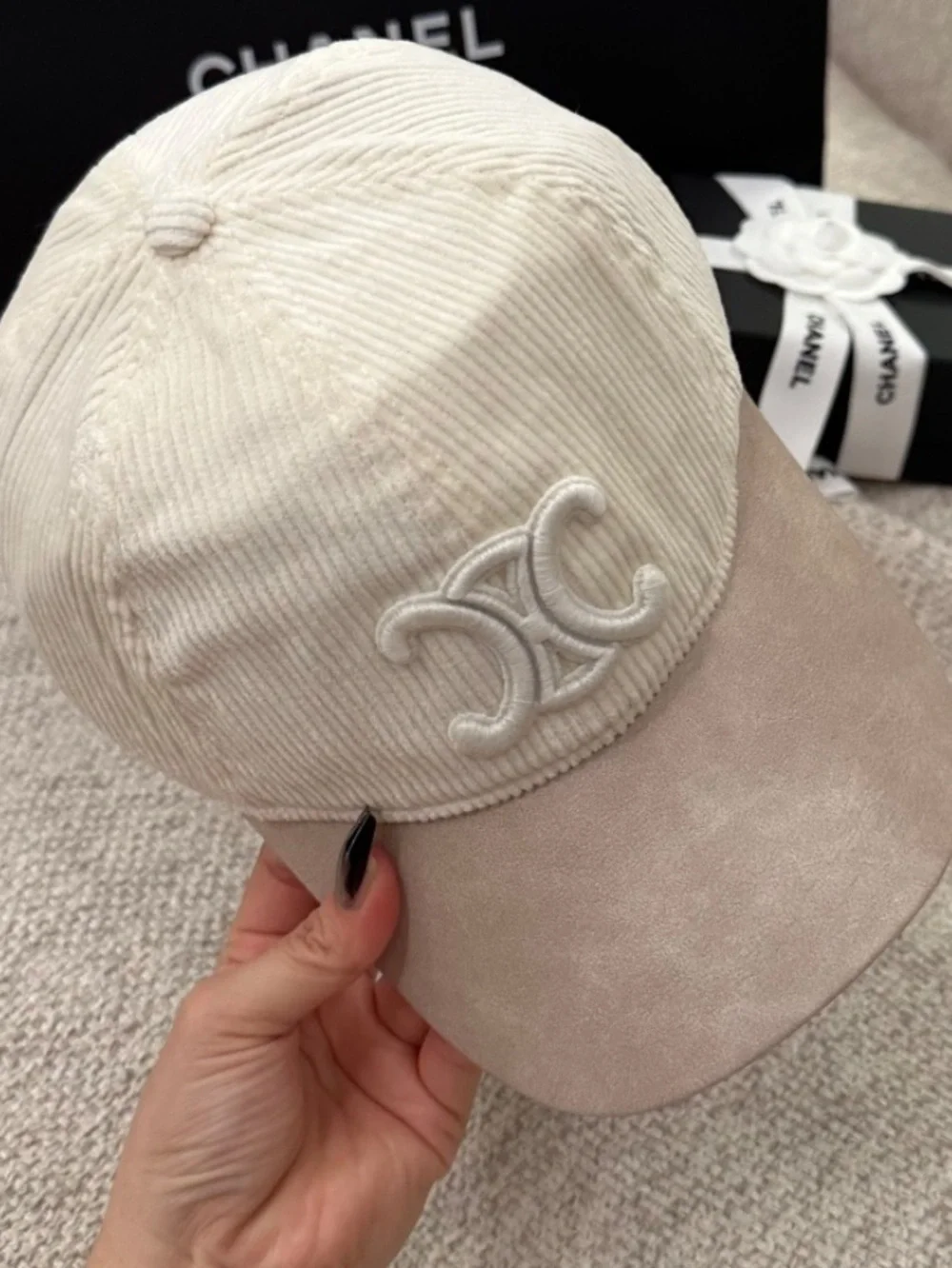Celine. Off White Corduroy Triomphe. Baseball Hat Cap
